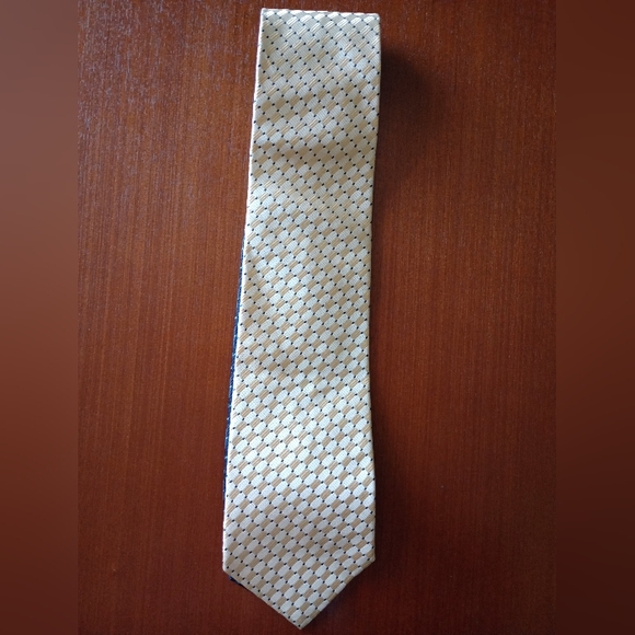 Tommy Hilfiger Creamy Golden And Navy Patterned Silk Men's Tie - Picture 1 of 5